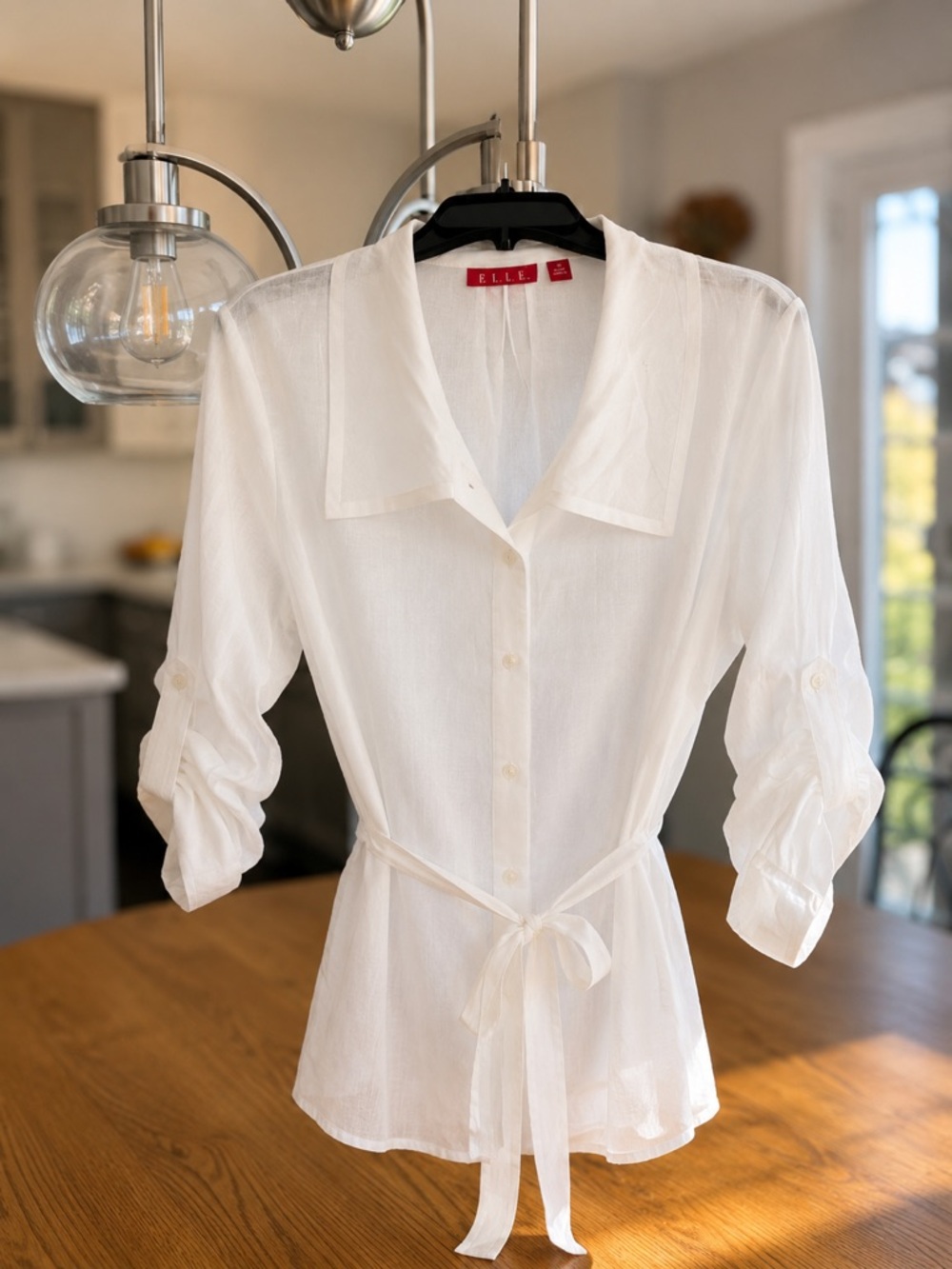 ELLE White Tie-Waist Button-Down Shirt